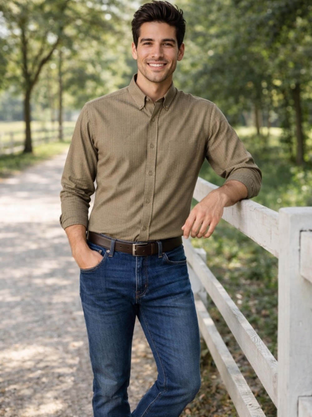 Arrow Men's Olive Tan Button-Down Casual Shirt